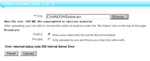 Clip-Share Upload Video Internal Server Error
